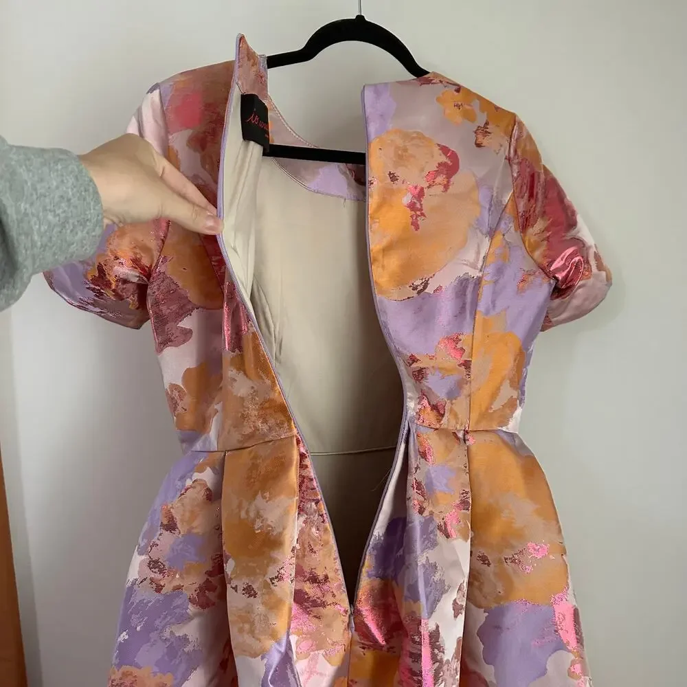 Io Couture Floral Foliage Pastel Fit & Flare Pleated Structured Mini Dress US 40 - Picture 3 of 12